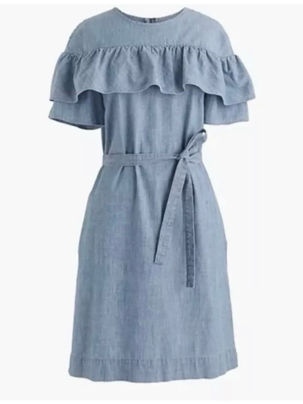 J. Crew Edie Ruffle Chambray Dress Belted Shift Pockets Short Sleeve Blue